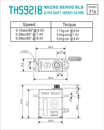 THETA THS921B HV Micro Brushless Servo 0.08 s/60°-9.8kg @ 8.4v-Mad 4 Heli